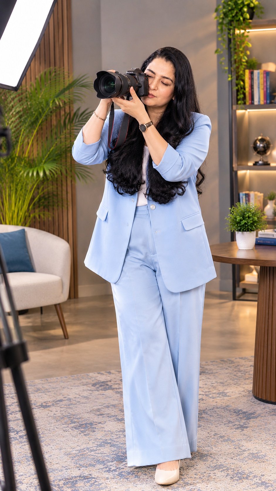 Dr. Mansi Sehdev looking through a camera in her studio
